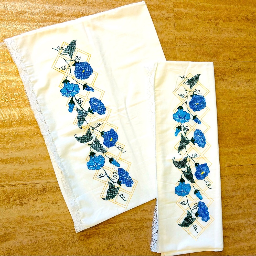Pillow cases Handmade Lace Trim Hand painted flowers
